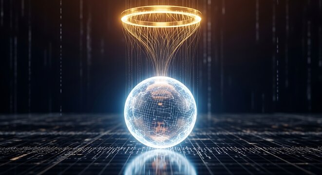 Abstract digital art shows an orb being energized by a gold funnel