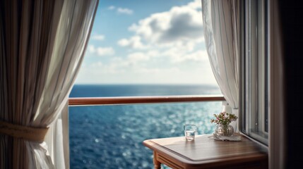 Fototapeta premium Scenic view from a ship's private balcony cabin, featuring curtains, a table with water and flowers, and open sea