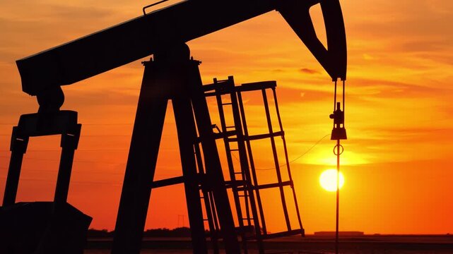 Silhouette of oil pump jack against a colorful beautiful sky with glowing clouds at sunset, high voltage electric pole in background