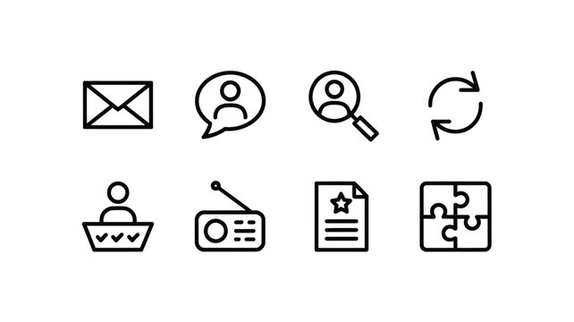 Set of miscellaneous utility and interface icons including email, user, search, refresh, radio, document, and puzzle piece symbols in linear style.