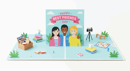 Fototapeta premium Pop up card illustration for Best Friends Day with picnic elements and a camera on tripod