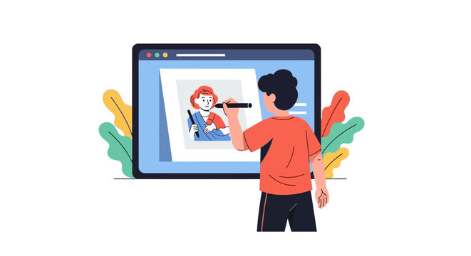 Digital Artist Drawing Portrait Character on Large Computer Screen Flat Vector Illustration