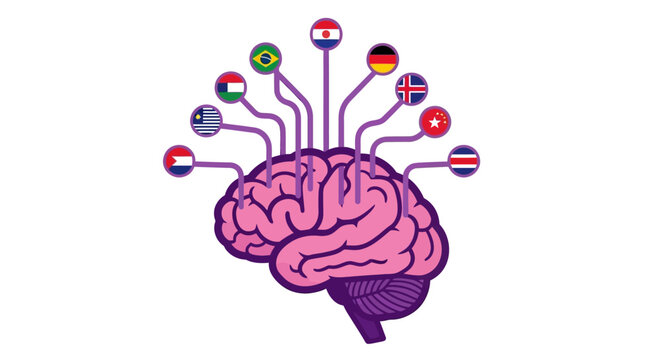 Multilingual Brain Concept with International Flags for Language Learning, Global Communication, and Cultural Diversity Illustration