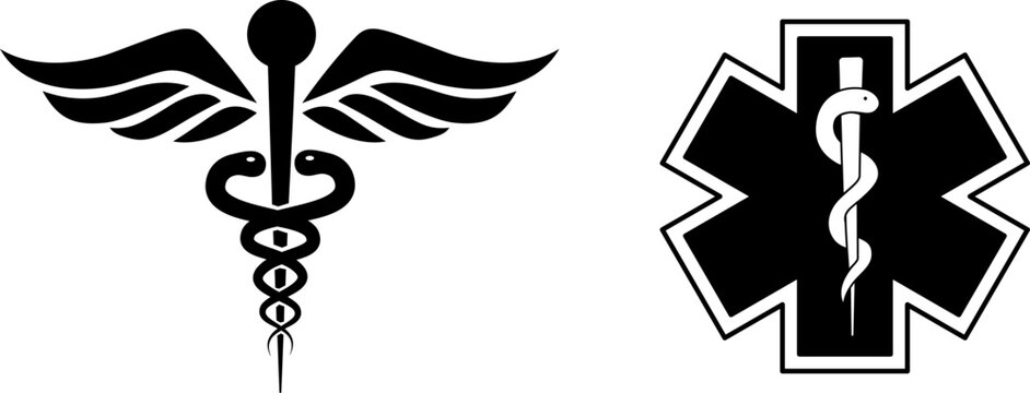 Caduceus and Star of Life vector emblems in black silhouette, classic medical icons for healthcare and emergency services, professional design elements isolated on white background