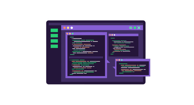 Modern Software Development Environment Vector Illustration Showing Programming Code Windows in Dark Mode UI for Web and Application Engineering Design