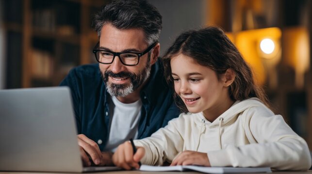 Father and daughter learning together on laptop, adult teaching child using digital technology for education at home