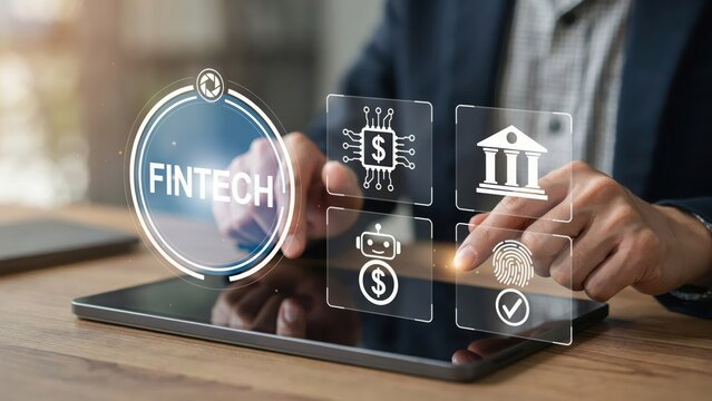 Business person using a tablet with digital fintech and banking icons on the screen