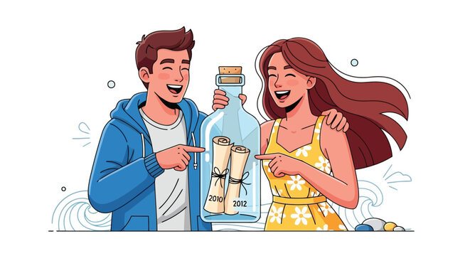 Happy couple holding large message in bottle with scrolls marked 2010 and 2012 vector illustration
