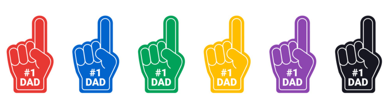 Stylized Multicolored Number One Dad Foam Hand with Raising Forefinger icon vector illustration set