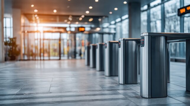 Modern building lobby interior with multiple security turnstiles providing controlled access and visitor management