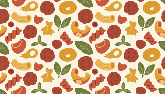 Seamless food pattern showing various pasta shapes, meatballs, and fresh green basil leaves on a light cream background.