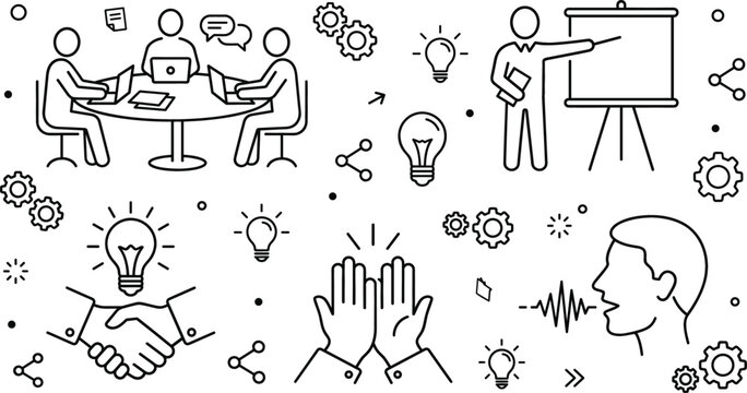 Business team meeting and collaboration icons set with presentation flipchart handshake high five ideas outline doodle vector sketch