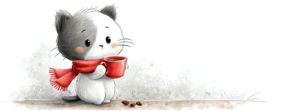 Desolate minimalist sketch art of a cartoon cat enjoying espresso