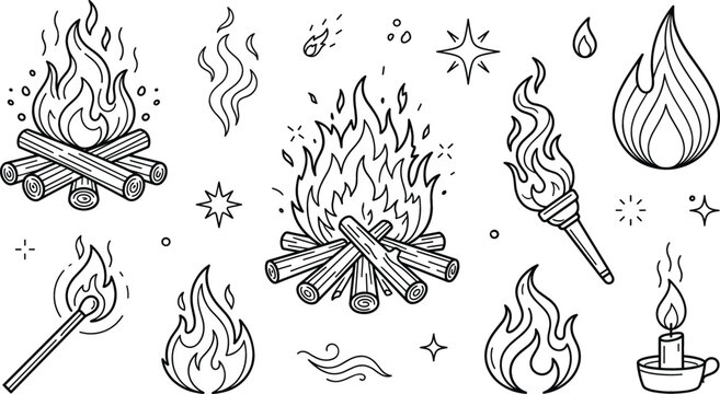 Camping bonfire and flame elements set with wood log campfire torch match candle sparks linear outline doodle vector