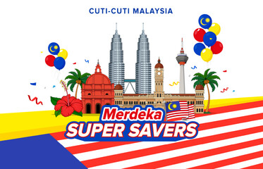 Fototapeta premium Flat festive celebration Merdeka background with famous landmarks and hibiscus flowers, balloons and confetti. Vector design template for print, web and banner.
