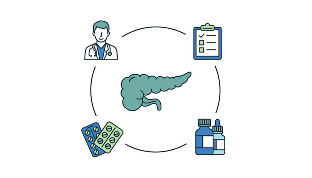 Medical diagram illustrating pancreas care, featuring a doctor icon, medical report, pills, and liquid drop treatments.