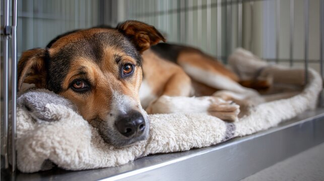 Sad abandoned dog lying on blanket inside a kennel cage, waiting for adoption in an animal shelter