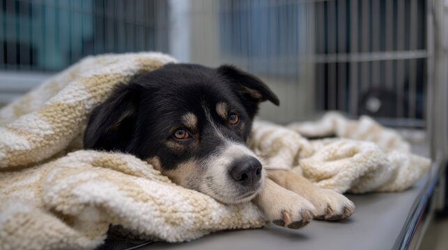 Dog resting sadly under a blanket in an animal shelter, waiting for adoption and a new home