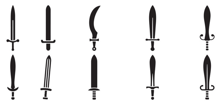 Ten detailed silhouette sword icons for gaming elements on transparent background illustration.