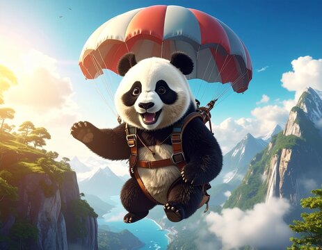 Adorable panda paragliding over mountains