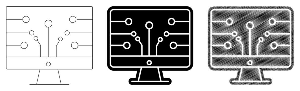 Set of computer monitor circuit board icons in different styles and colors