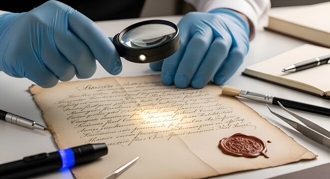 Forensic Handwriting Analysis: Examining Old Document with Magnifier
