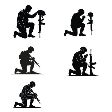 Set of soldier silhouettes kneeling in honor and prayer with rifle and helmet