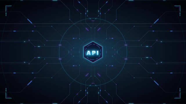 Api integration technology concept with glowing digital circuit board hud interface
