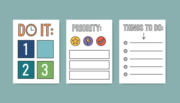 Productivity task list and planner templates featuring to do lists, priority markers, and daily scheduling sections.