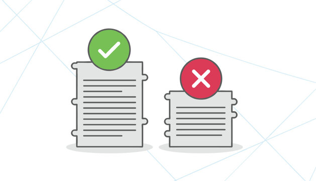 Document comparison showing a long accepted report with a green tick versus a shorter rejected page with a red cross.
