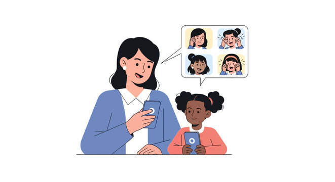 Flat Illustration of Mother and Daughter Using Smartphones for Online Group Video Call or Remote Learning with Friends