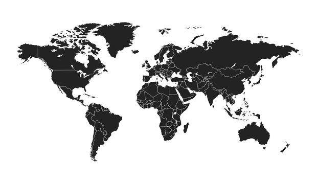 World Map Silhouette with Country Borders, Black Global Political Map for Geography Travel Design