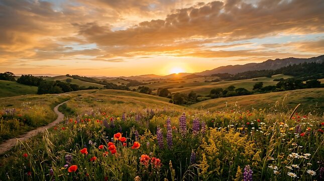 Wildflower meadow on rolling hills at sunset with a winding path