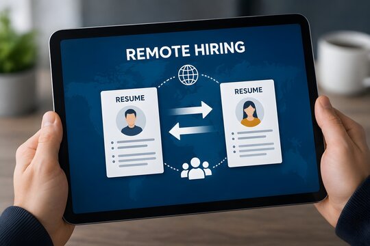 Remote hiring process shown on a tablet screen for the concept of recruitment and human resources.