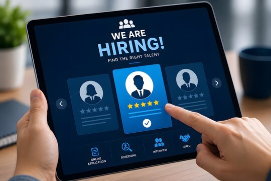 A tablet screen displays a WE ARE HIRING! message with candidate profiles, symbolizing the recruitment and talent search process.