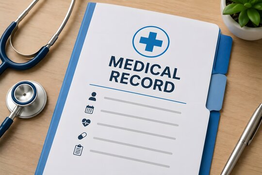 Medical record folder with stethoscope and pen for the concept of healthcare and medical history.