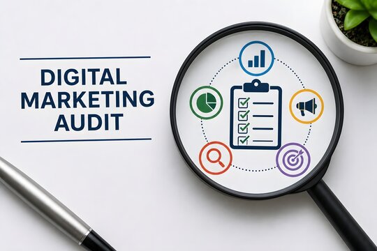 Digital marketing audit visualized with icons and a magnifying glass for business analysis and strategy.