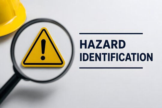 Hazard identification using a magnifying glass over a warning sign and hard hat, symbolizing safety and risk assessment.