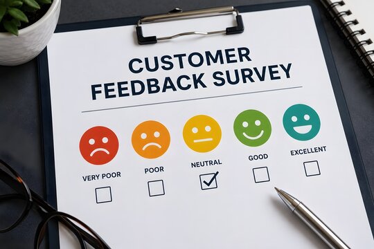 Customer feedback survey form with smiley faces and pen for concept of customer satisfaction.