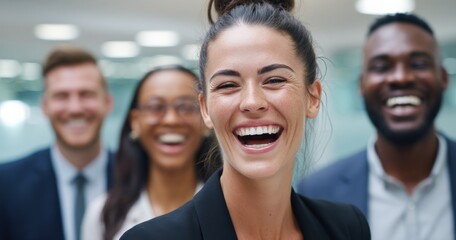 Fototapeta premium Diverse smiling business professionals in a modern office, representing teamwork and success