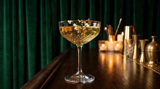 Luxury cocktail in crystal coupe glass with edible gold leaf garnish