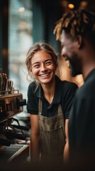 Obraz premium Young smiling barista woman serving coffee to customer in a modern cafe, happy interaction