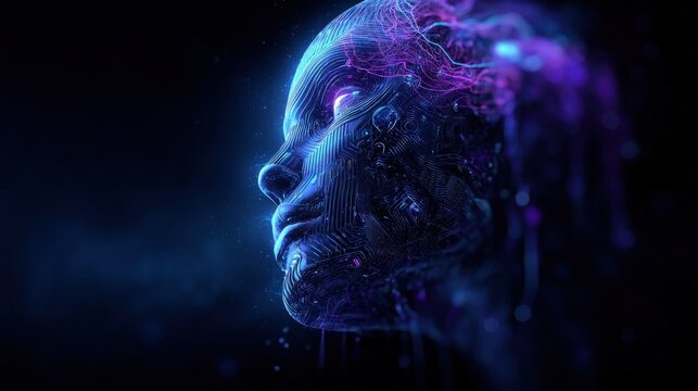 Futuristic AI Humanoid Head with Neon Blue and Purple Circuits Glowing on Dark Background