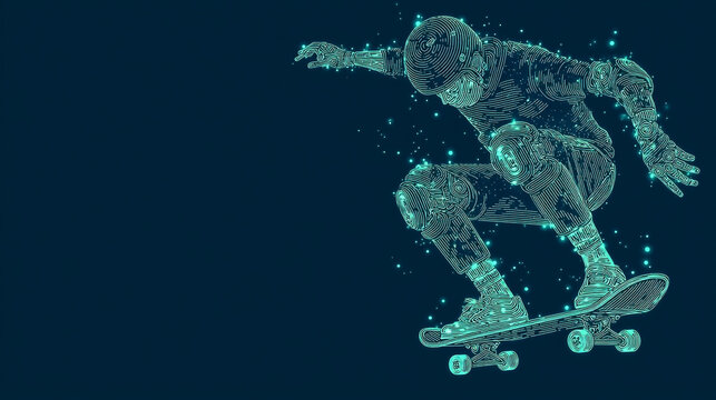 Abstract digital wireframe skateboarder performing a trick with skateboarder, skateboarding
