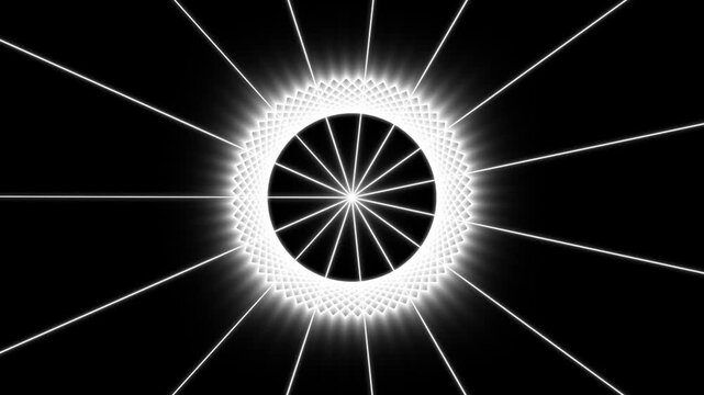 Abstract glowing white radial light burst with geometric circle pattern on black futuristic background
