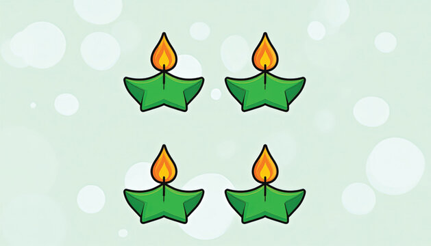 Four Green Diya Lamps Burning.