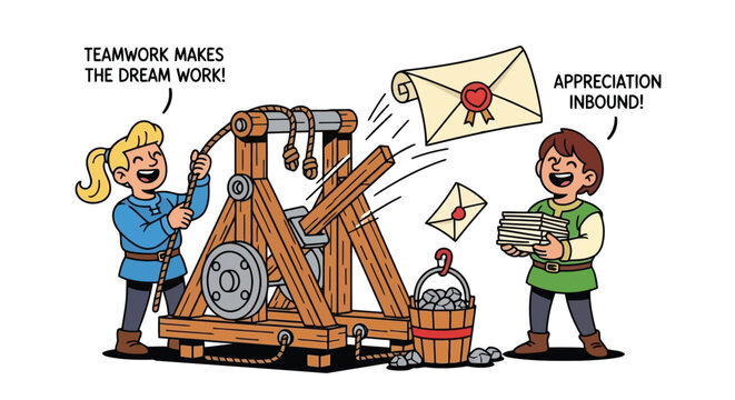 Medieval characters operating wooden trebuchet to launch love letters for team appreciation