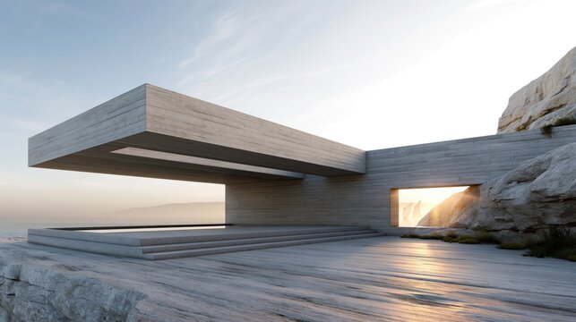Brutalist concrete villa in White Cliffs, golden hour sunlight reflecting
