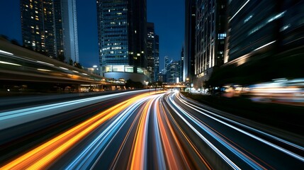 Fototapeta premium A dynamic and exciting transportation scene featuring glowing city lights under a dramatic night sky