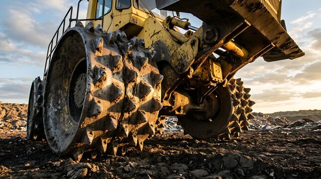 Heavy yellow industrial compactor machinery with spiked metal wheels operating on a dirt landfill illustrating commercial waste management earthmoving